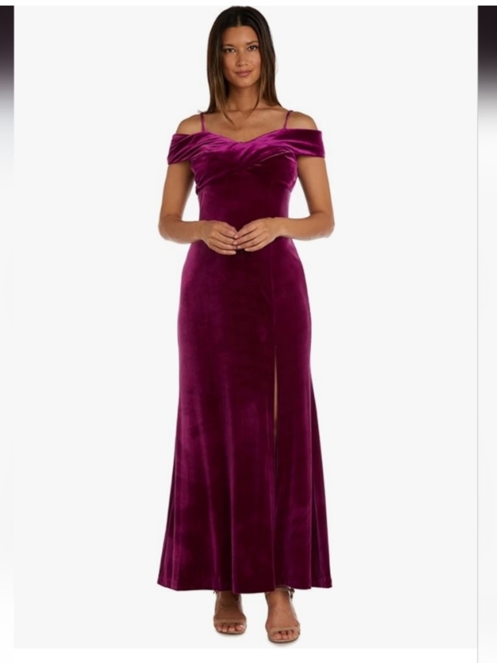 R&M Richards Velvet Spaghetti-Strap Maxi Dress in Burgundy Fucshia
